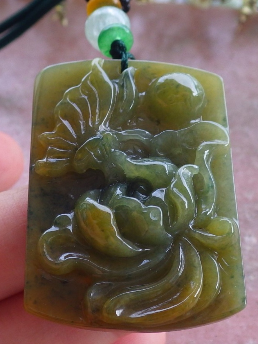 Certified Natural Burma A Jade jadeite Butterfly Lotus Flower Pendant Necklace